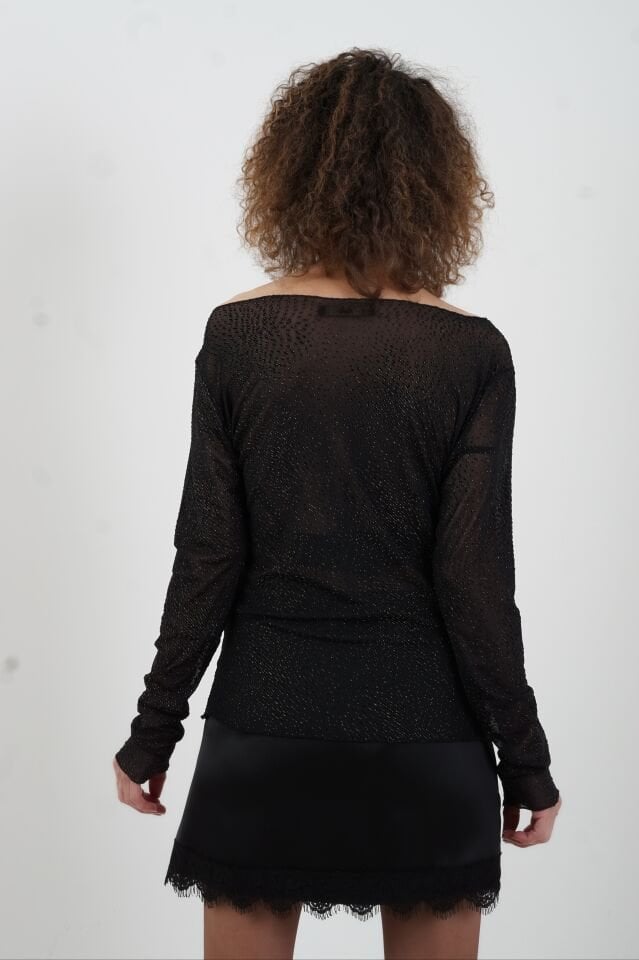 Siyah Önü Büzgülü Simli Tül Bluz