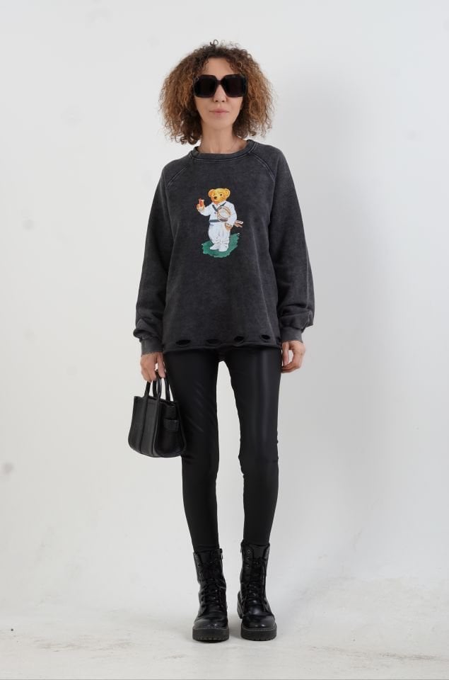 Antrasit Teddy Baskılı Soluk Efekt Sweatshirt