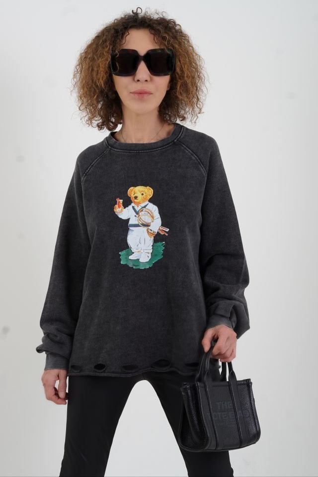 Antrasit Teddy Baskılı Soluk Efekt Sweatshirt
