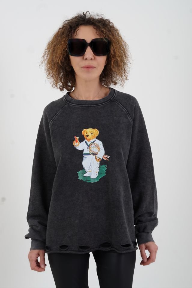 Antrasit Teddy Baskılı Soluk Efekt Sweatshirt