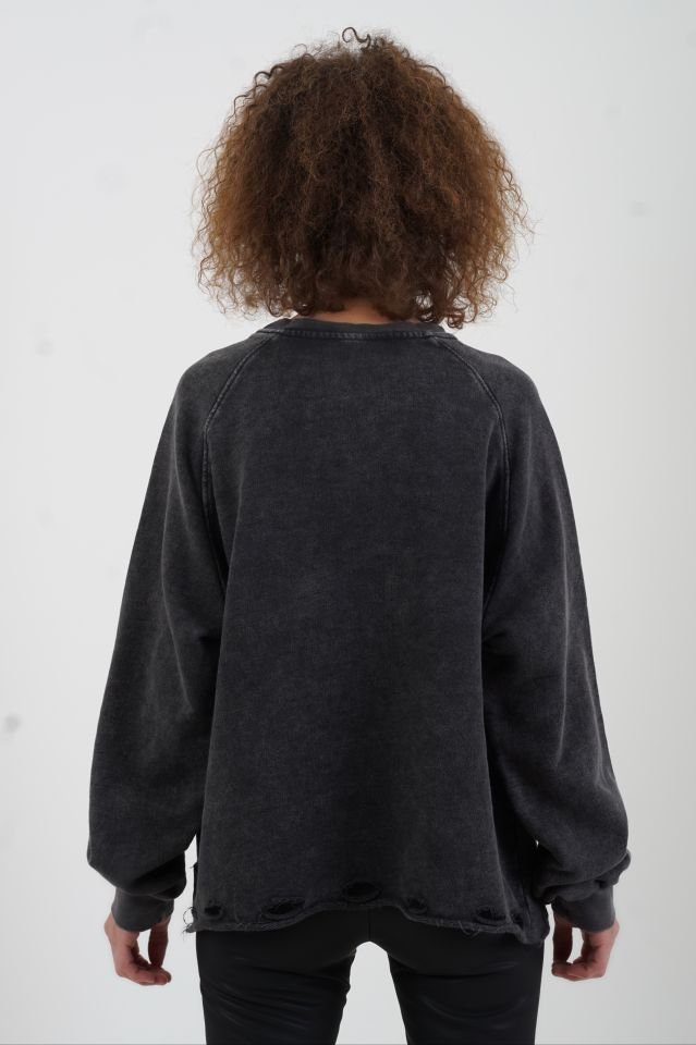 Antrasit Teddy Baskılı Soluk Efekt Sweatshirt