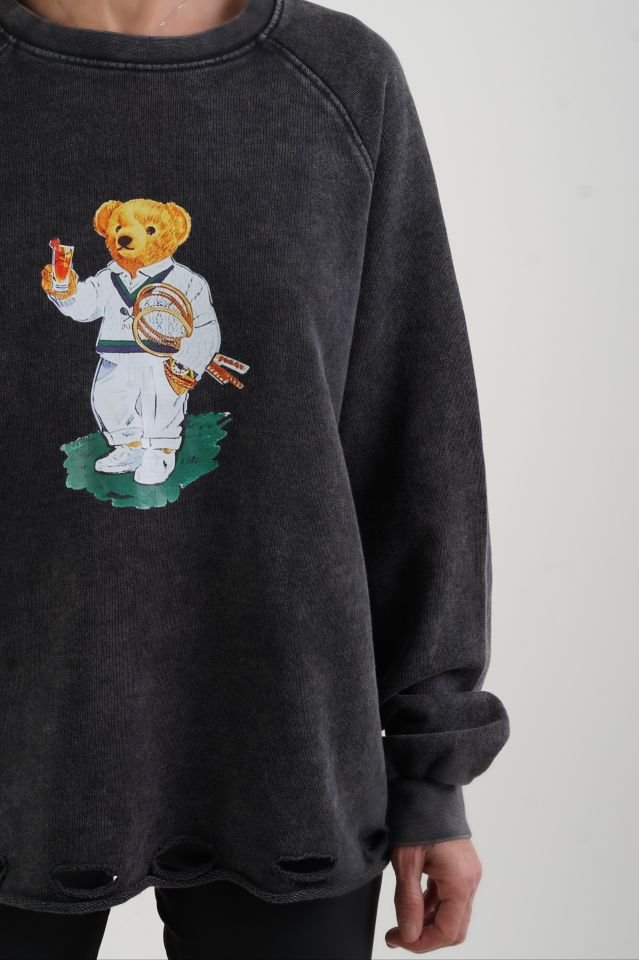 Antrasit Teddy Baskılı Soluk Efekt Sweatshirt