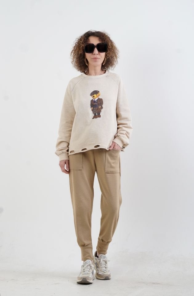 Bej Teddy Baskılı Soluk Efekt Sweatshirt