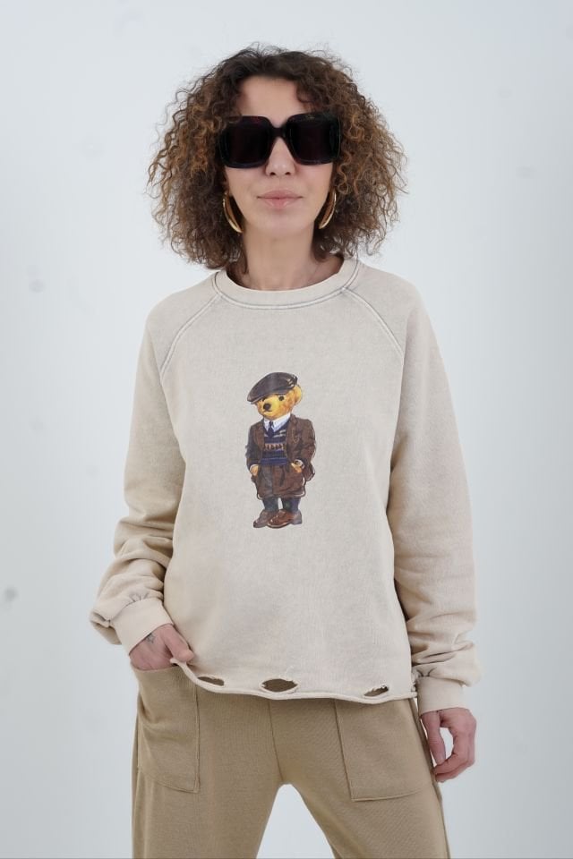 Bej Teddy Baskılı Soluk Efekt Sweatshirt