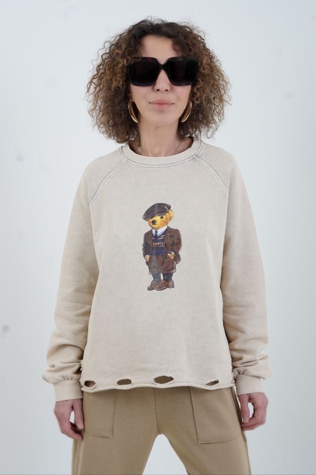 Bej Teddy Baskılı Soluk Efekt Sweatshirt