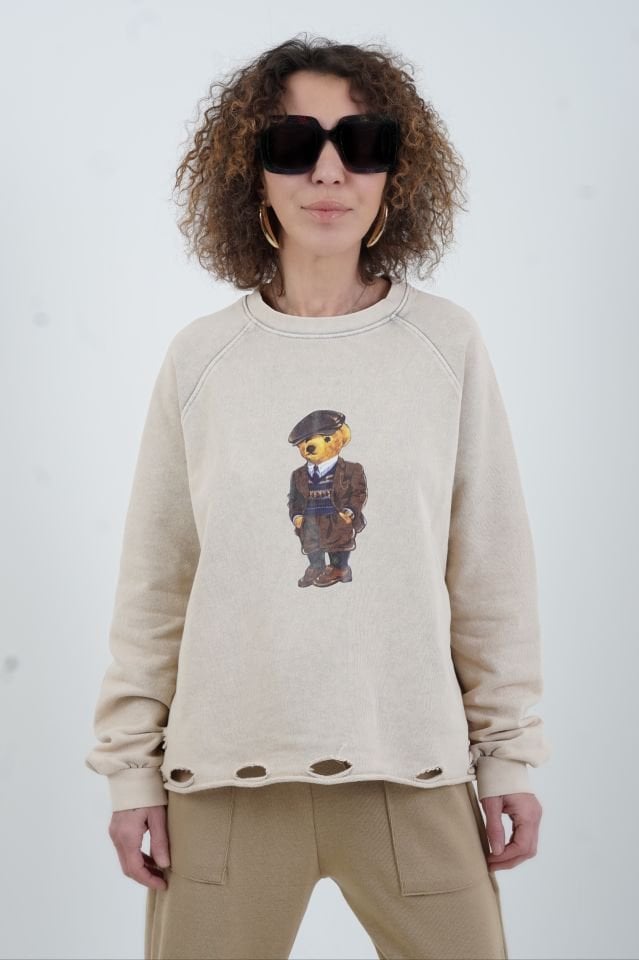 Bej Teddy Baskılı Soluk Efekt Sweatshirt