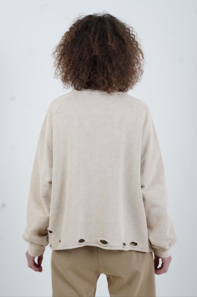 Bej Teddy Baskılı Soluk Efekt Sweatshirt