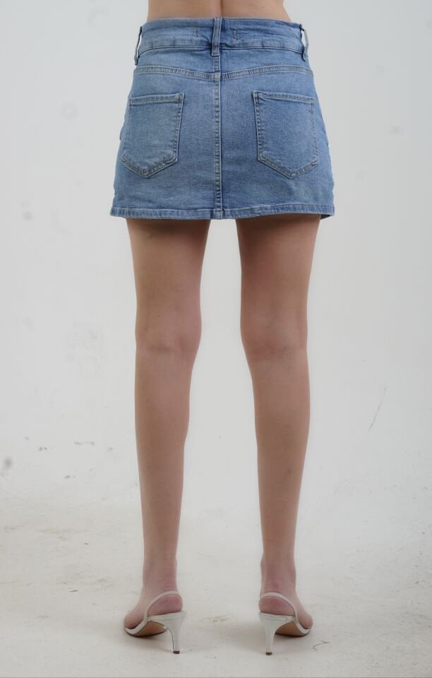 Mavi Kalın Kemerli Şort Etek