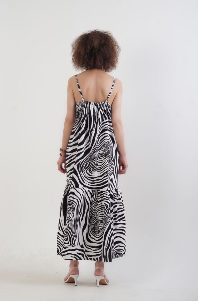 Siyah Zebra Desen Askılı Elbise