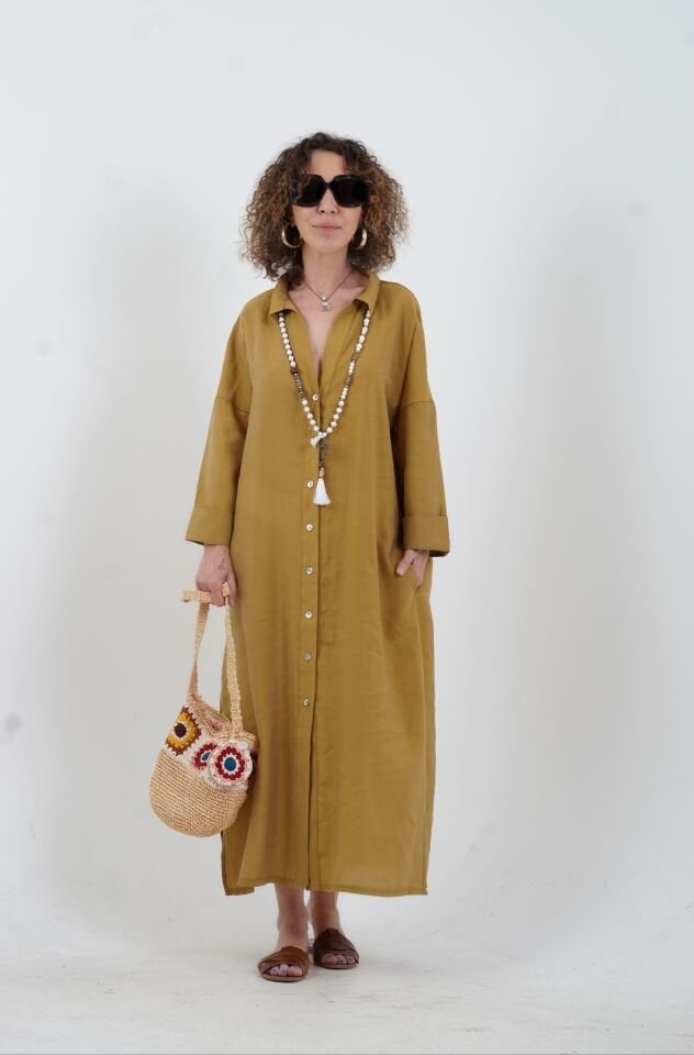 Yağ Yeşili  Tencel Oversize Gömlek Elbise