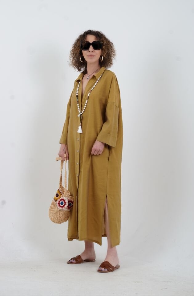Yağ Yeşili  Tencel Oversize Gömlek Elbise