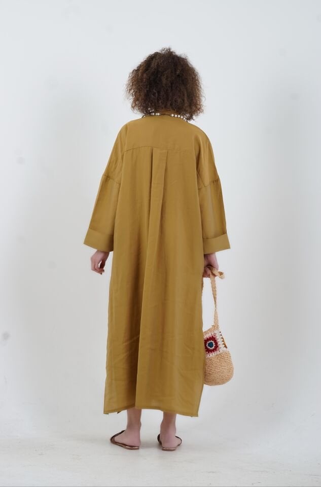 Yağ Yeşili  Tencel Oversize Gömlek Elbise