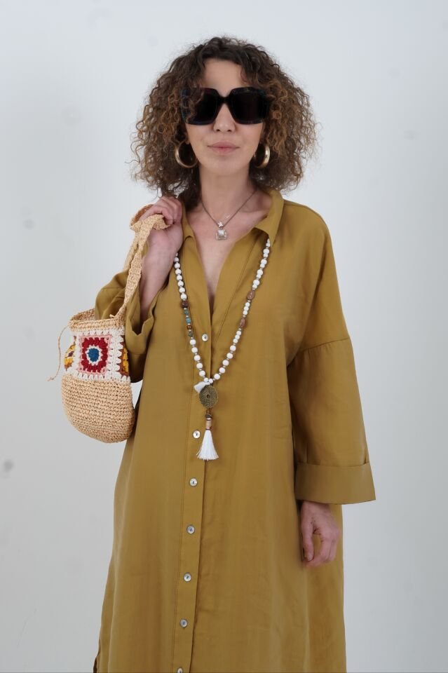 Yağ Yeşili  Tencel Oversize Gömlek Elbise