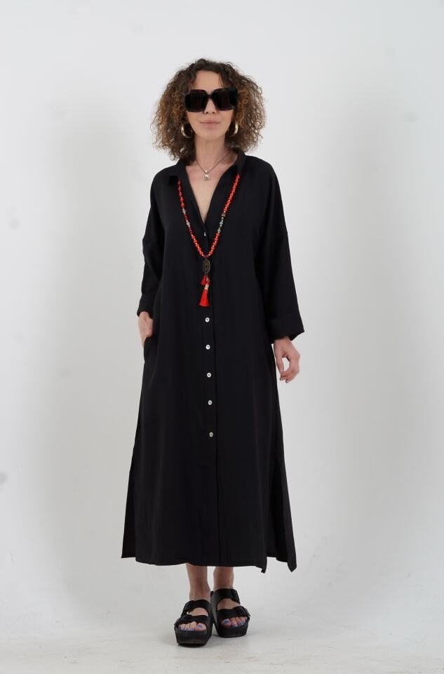 Siyah Tencel Oversize Gömlek Elbise