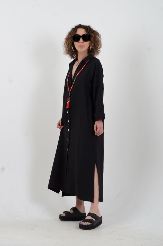 Siyah Tencel Oversize Gömlek Elbise