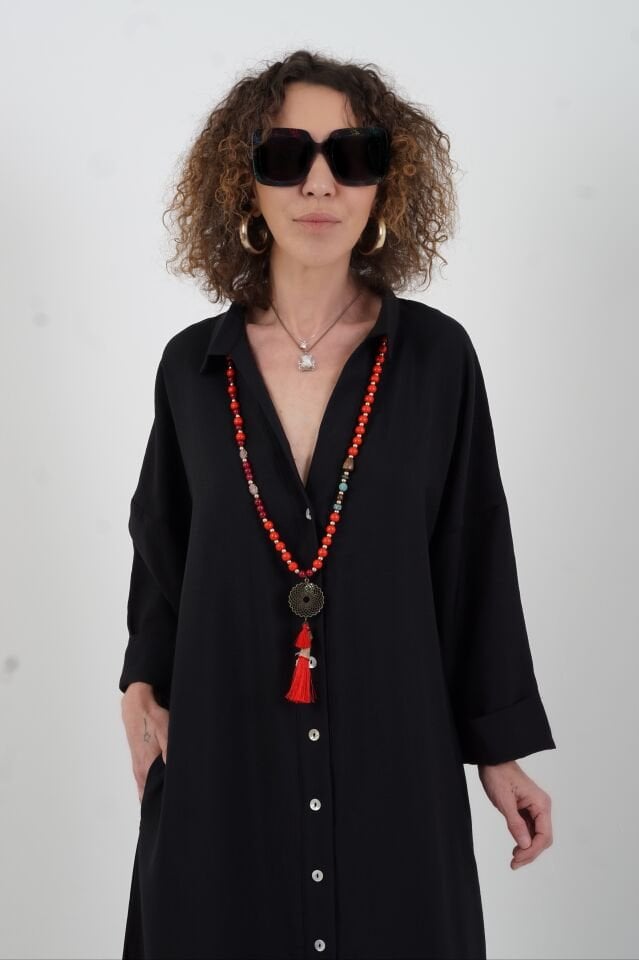 Siyah Tencel Oversize Gömlek Elbise