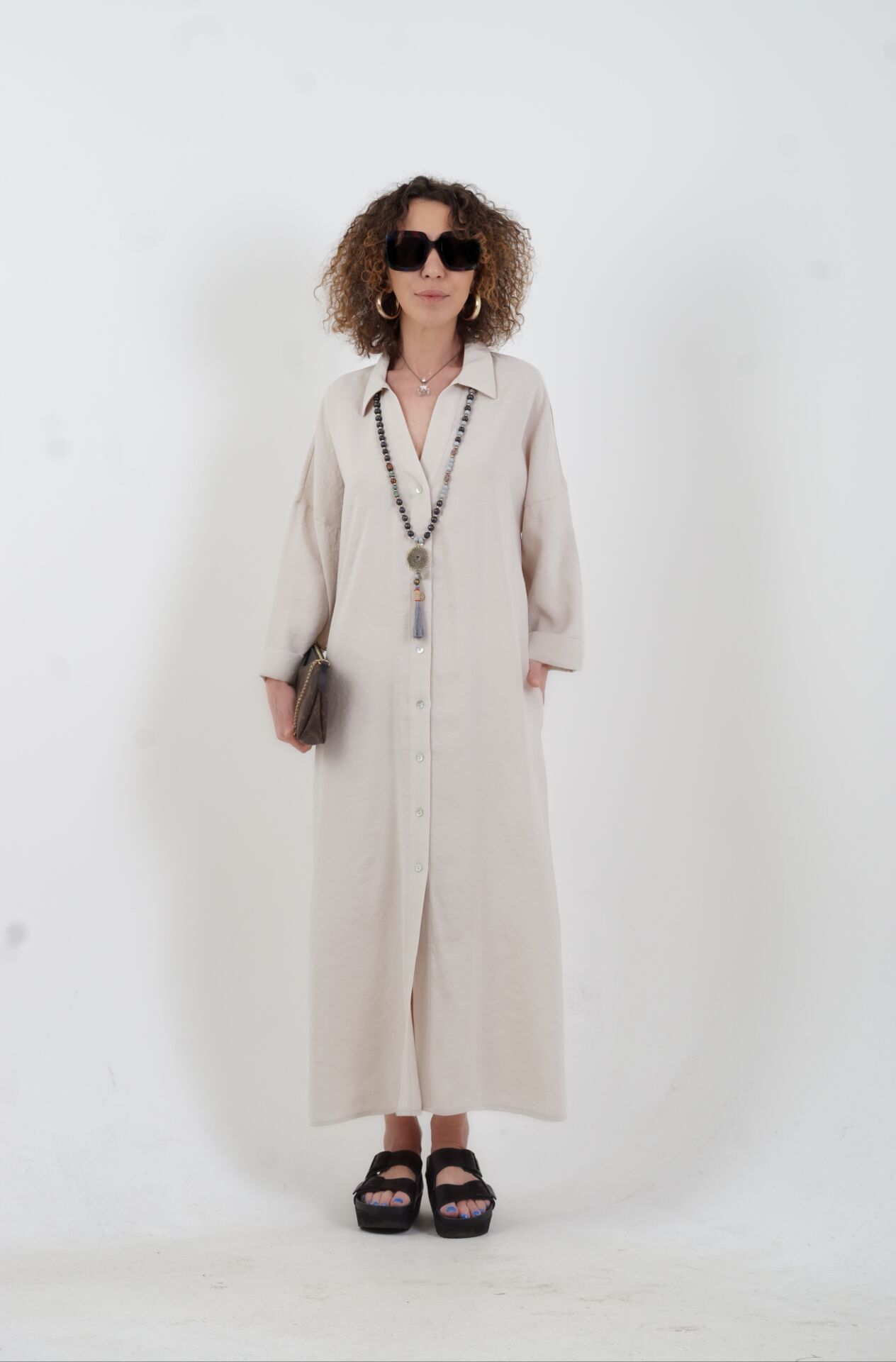 Taş Tencel Oversize Gömlek Elbise