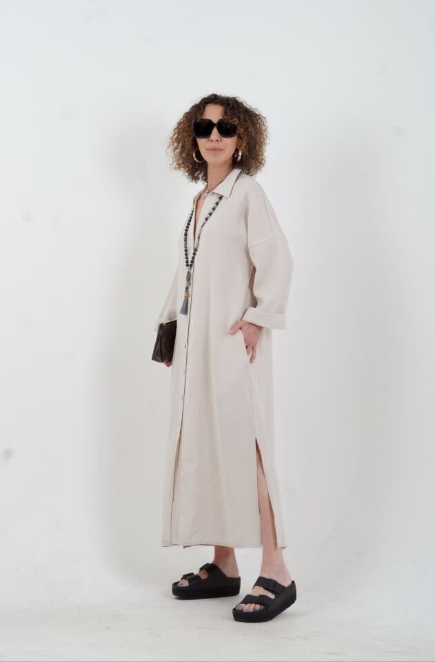 Taş Tencel Oversize Gömlek Elbise