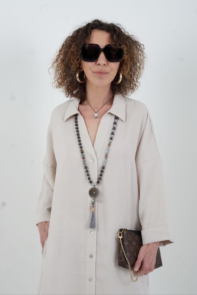 Taş Tencel Oversize Gömlek Elbise