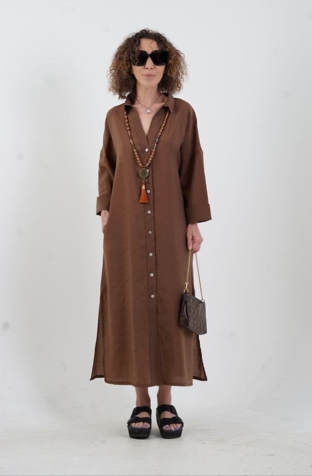 Kahve Tencel Oversize Gömlek Elbise
