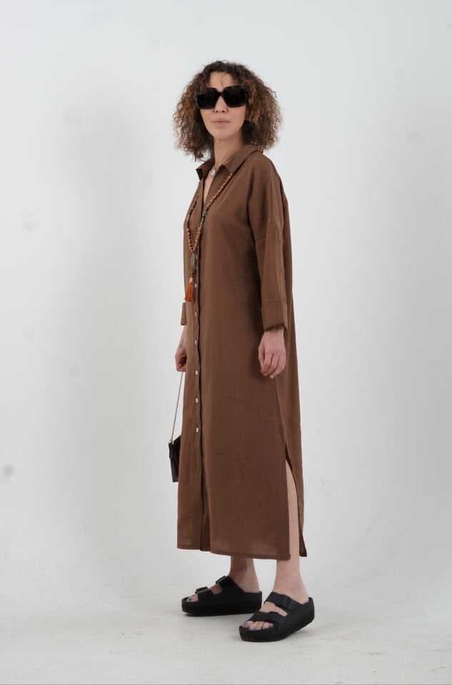 Kahve Tencel Oversize Gömlek Elbise