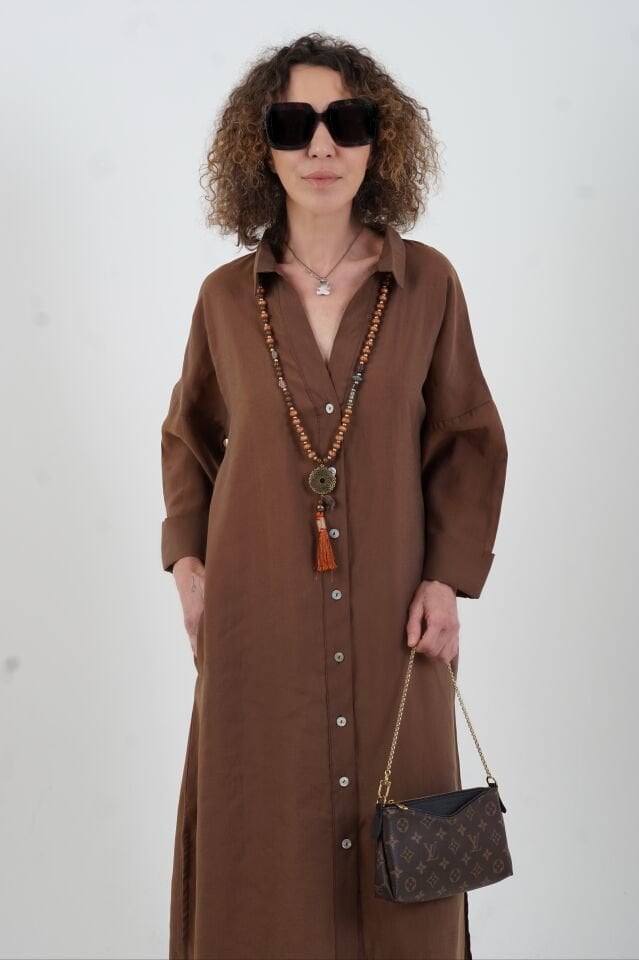 Kahve Tencel Oversize Gömlek Elbise