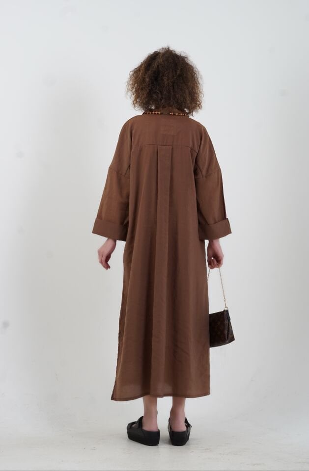 Kahve Tencel Oversize Gömlek Elbise