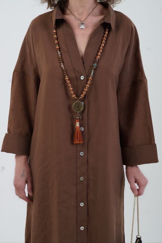 Kahve Tencel Oversize Gömlek Elbise