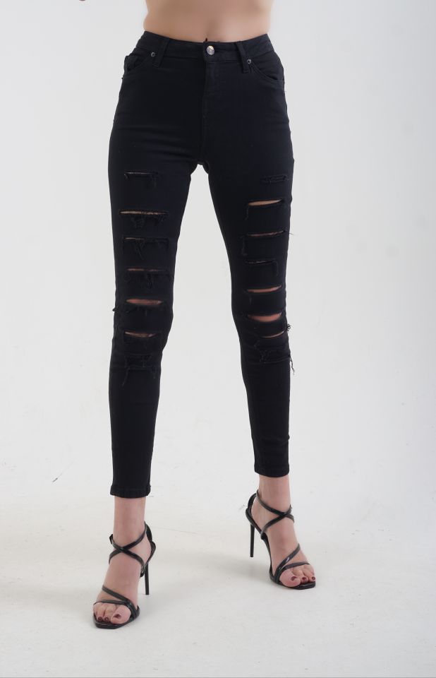 Siyah Önü Yırtıklı Skinny Jean Pantolon