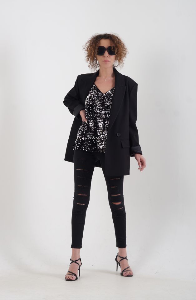 Siyah Önü Yırtıklı Skinny Jean Pantolon