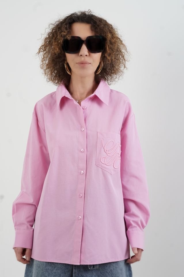 Pembe Cebi Nakışlı Gömlek