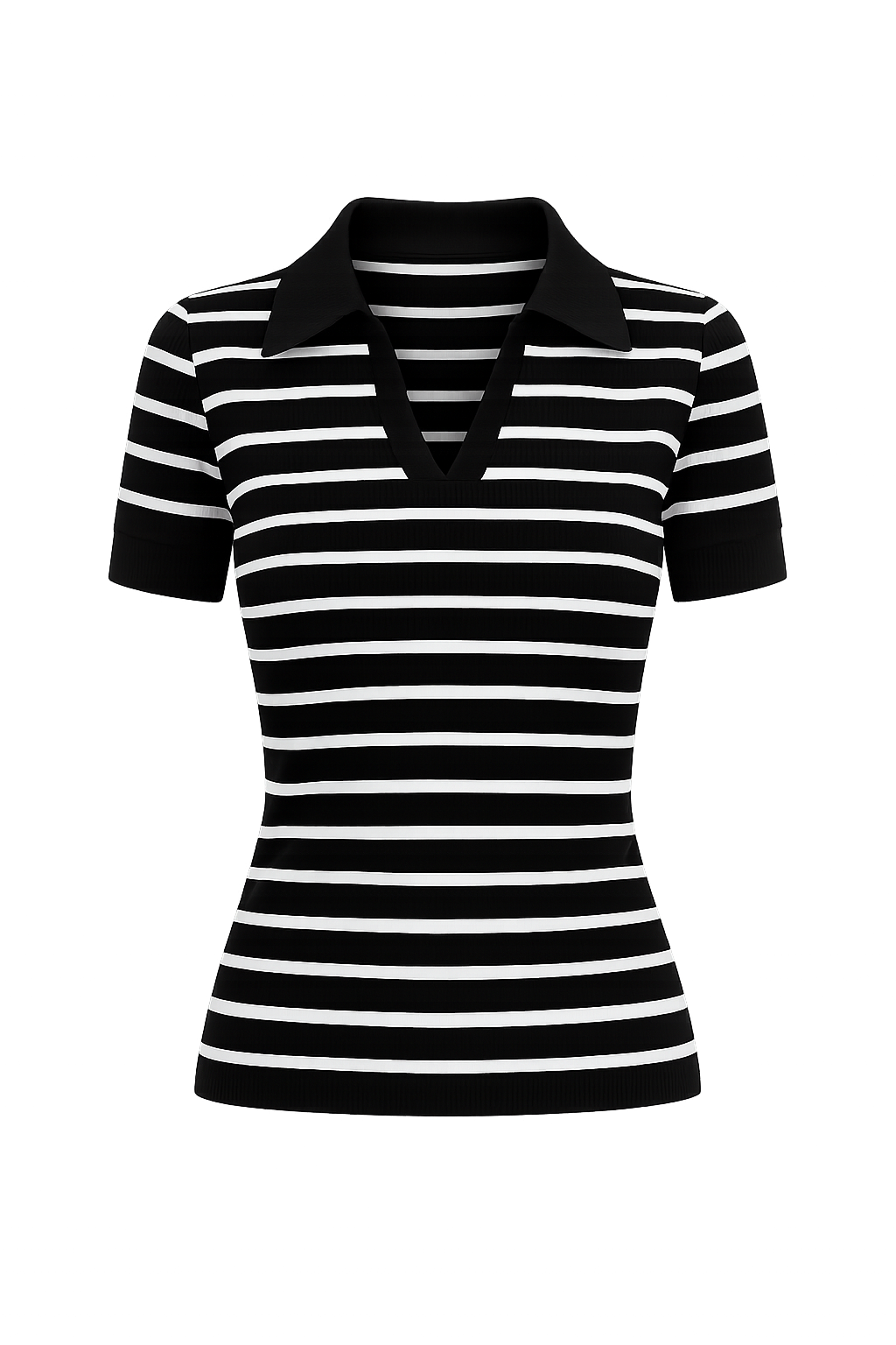 Siyah Polo Yaka Çizgili Kısa Kol Crop Triko