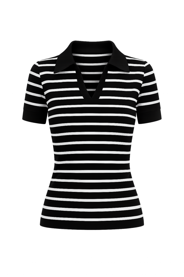 Siyah Polo Yaka Çizgili Kısa Kol Crop Triko