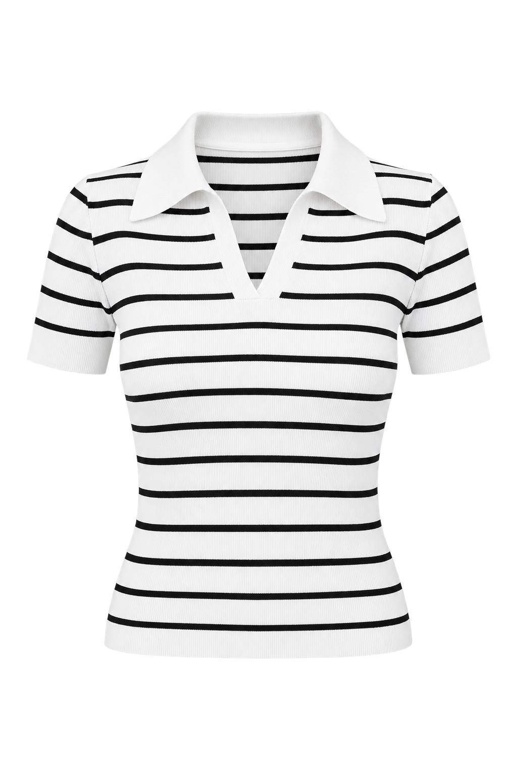 Beyaz Polo Yaka Çizgili Kısa Kol Crop Triko