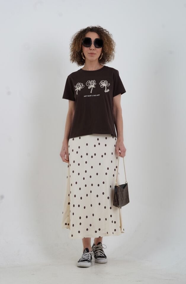 Kahve Puantiye Desen Saten Verev Etek