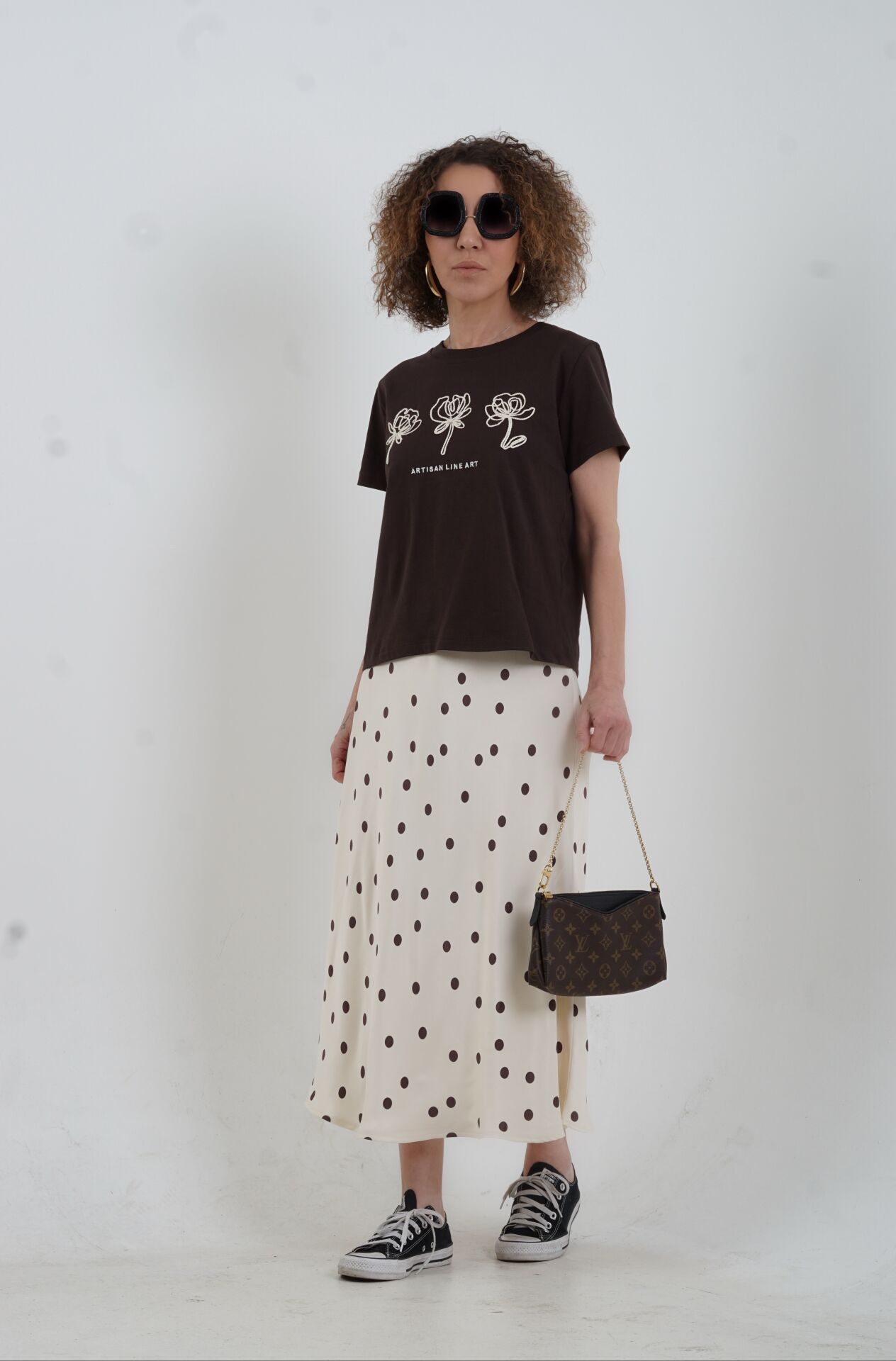 Kahve Puantiye Desen Saten Verev Etek