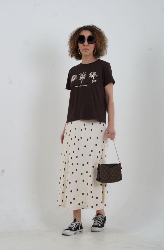 Kahve Puantiye Desen Saten Verev Etek