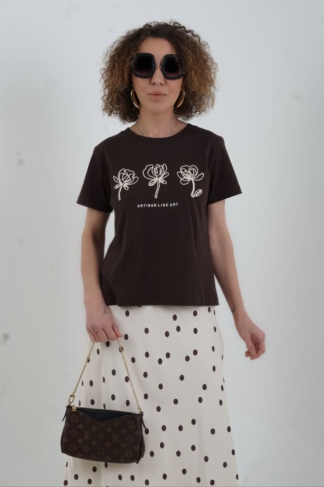 Kahve Puantiye Desen Saten Verev Etek