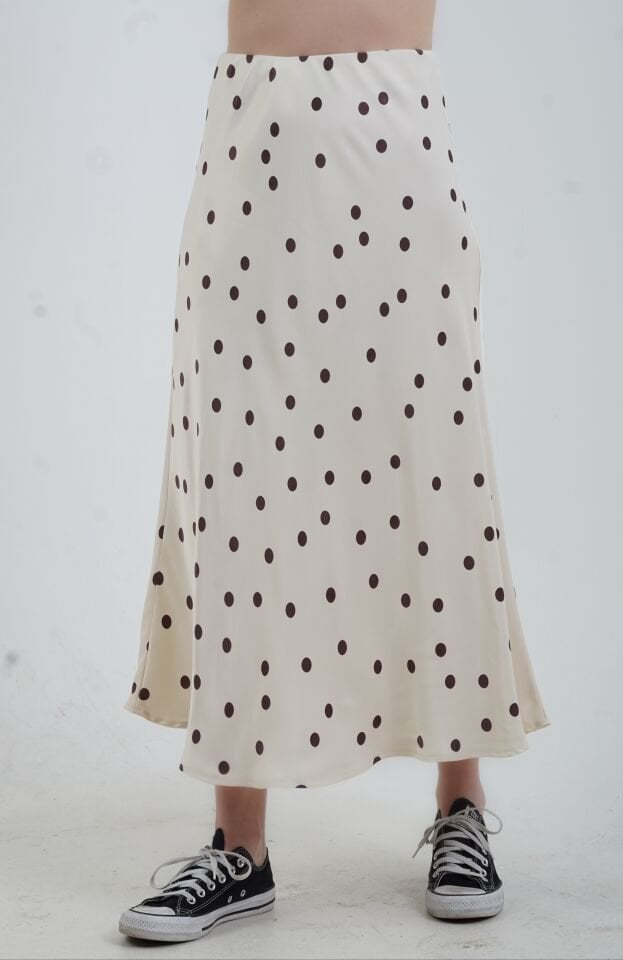 Kahve Puantiye Desen Saten Verev Etek