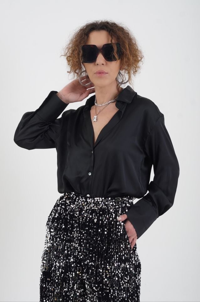 Siyah Basic Saten Gömlek