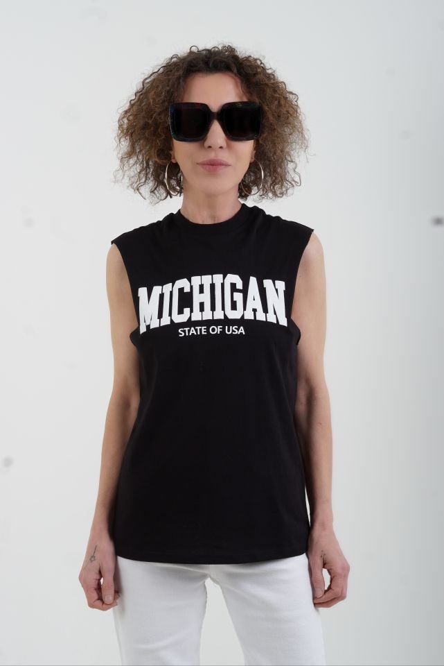 Siyah Michigan Baskılı Kolsuz Tshirt