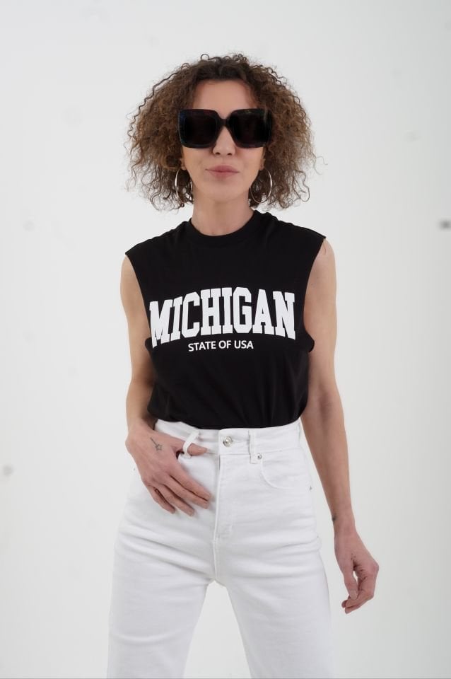 Siyah Michigan Baskılı Kolsuz Tshirt