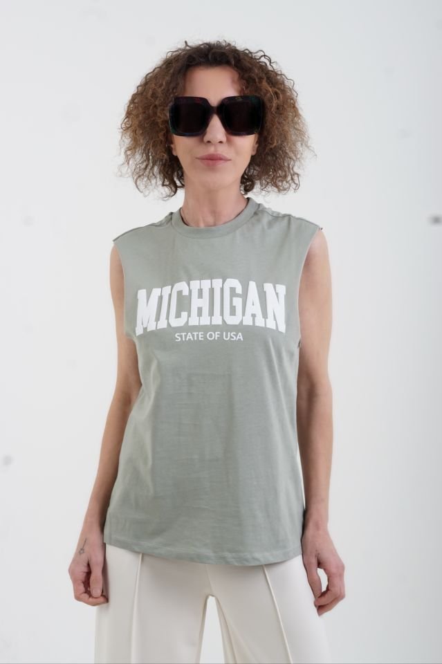 Haki Michigan Baskılı Kolsuz Tshirt