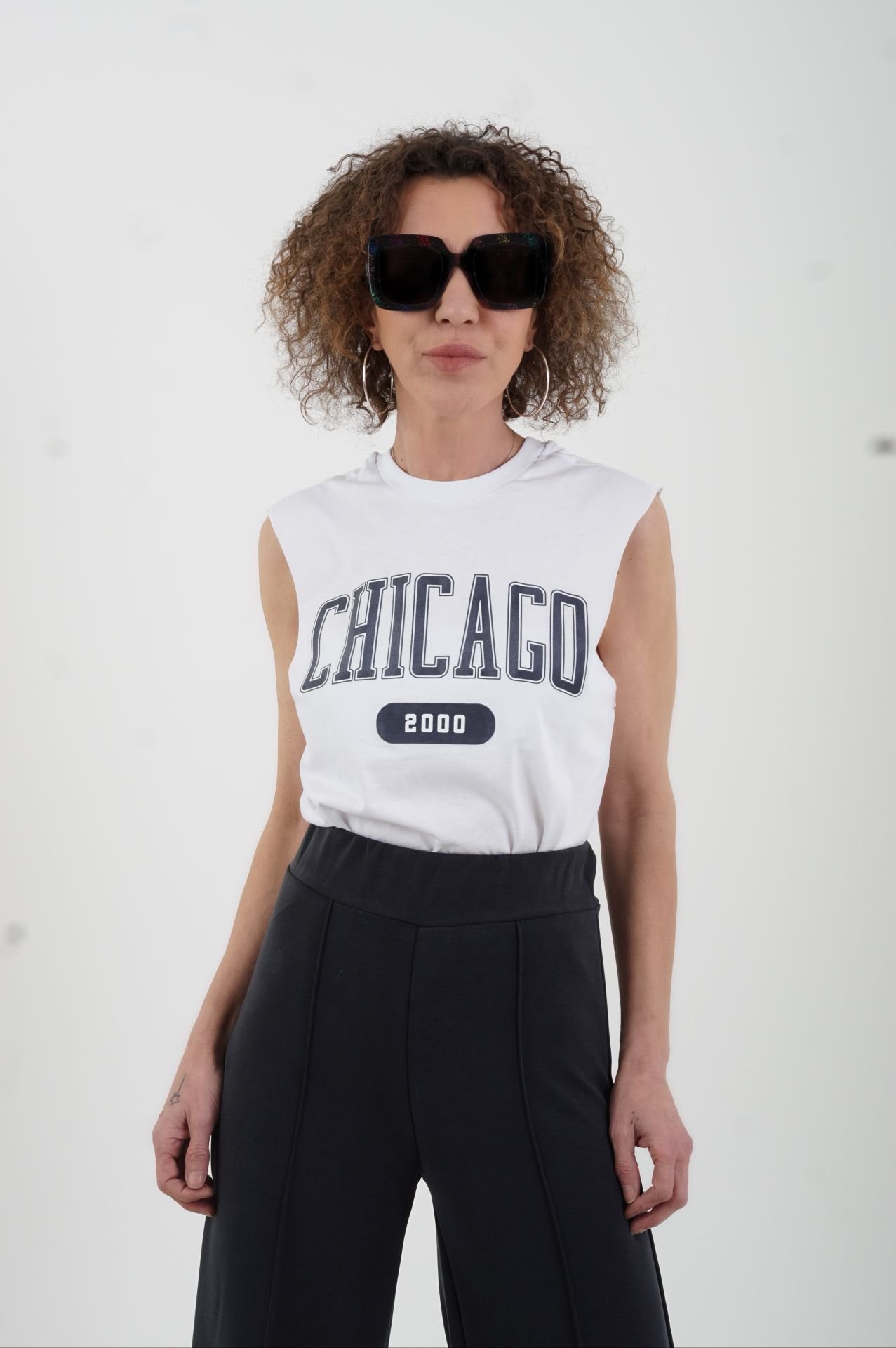 Beyaz Chicago Baskılı Kolsuz Tshirt