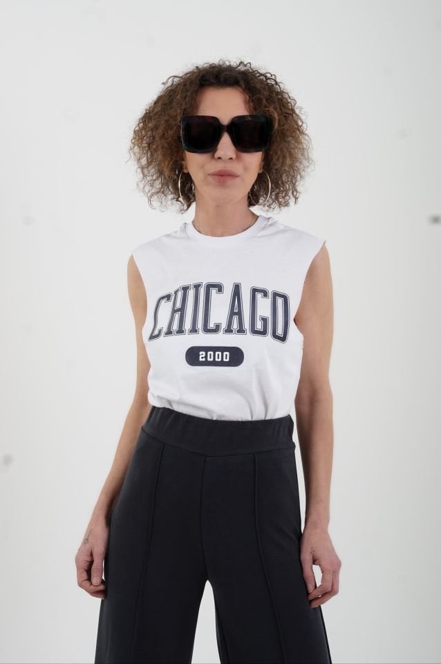 Beyaz Chicago Baskılı Kolsuz Tshirt
