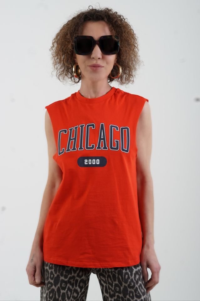 Kırmızı Chicago Baskılı Kolsuz Tshirt