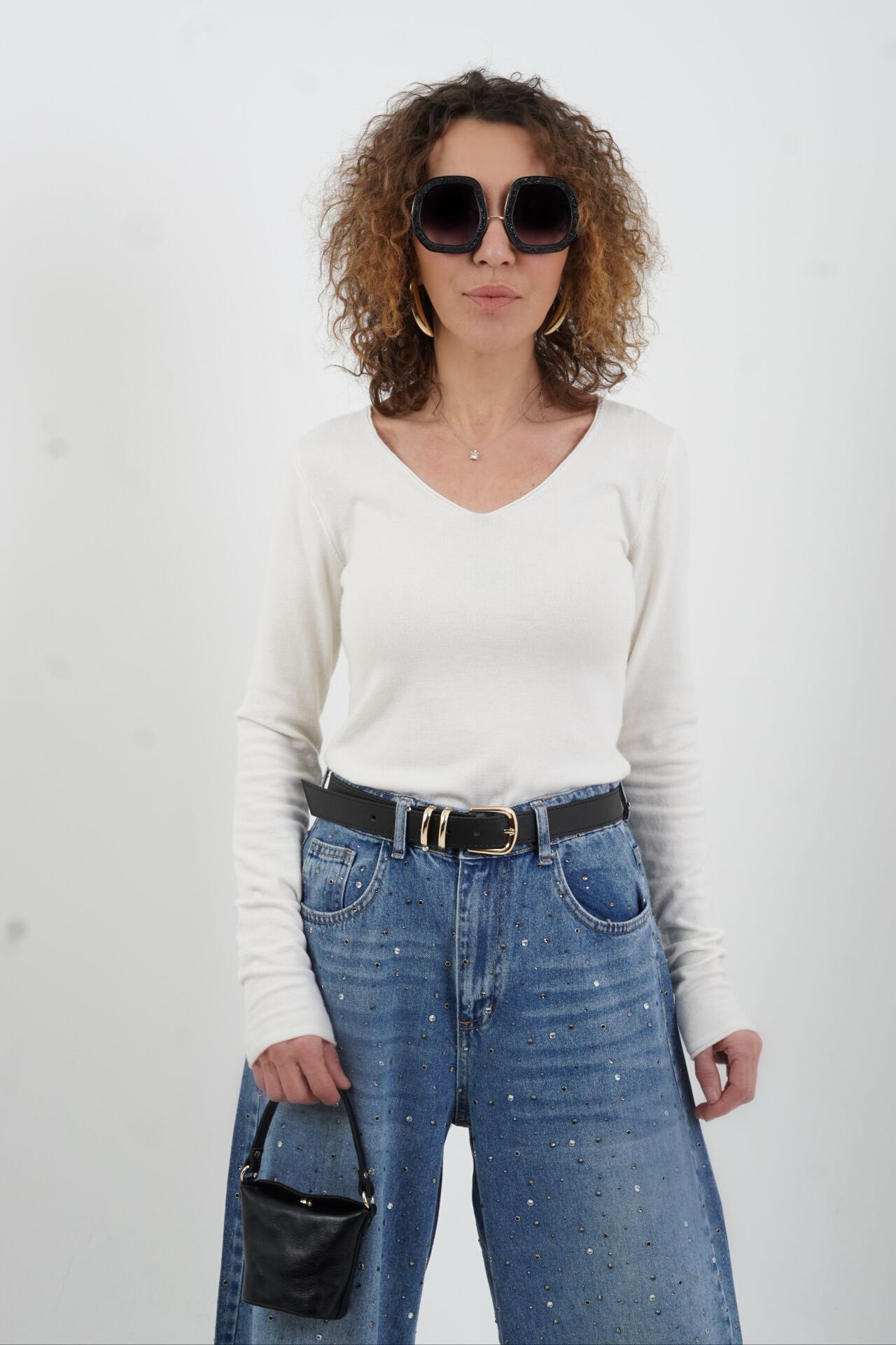 Ekru V Yaka Kaşmirli Triko Kazak