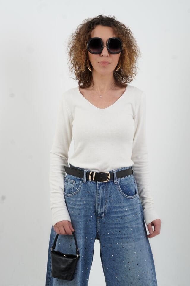 Ekru V Yaka Kaşmirli Triko Kazak