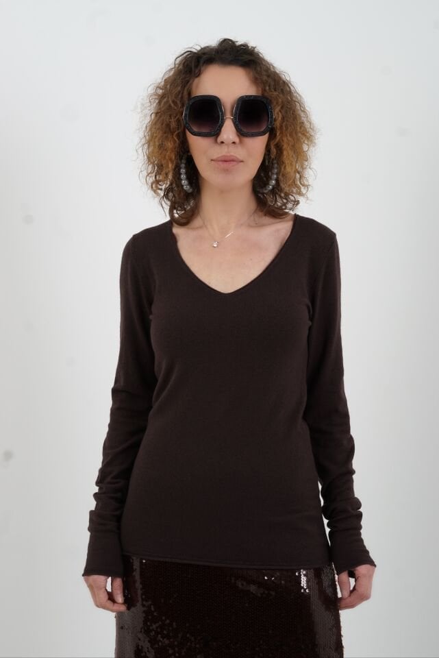 Koyu Kahve V Yaka Kaşmirli Triko Kazak