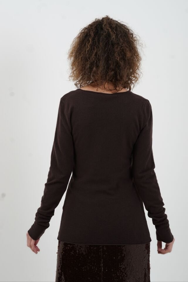 Koyu Kahve V Yaka Kaşmirli Triko Kazak